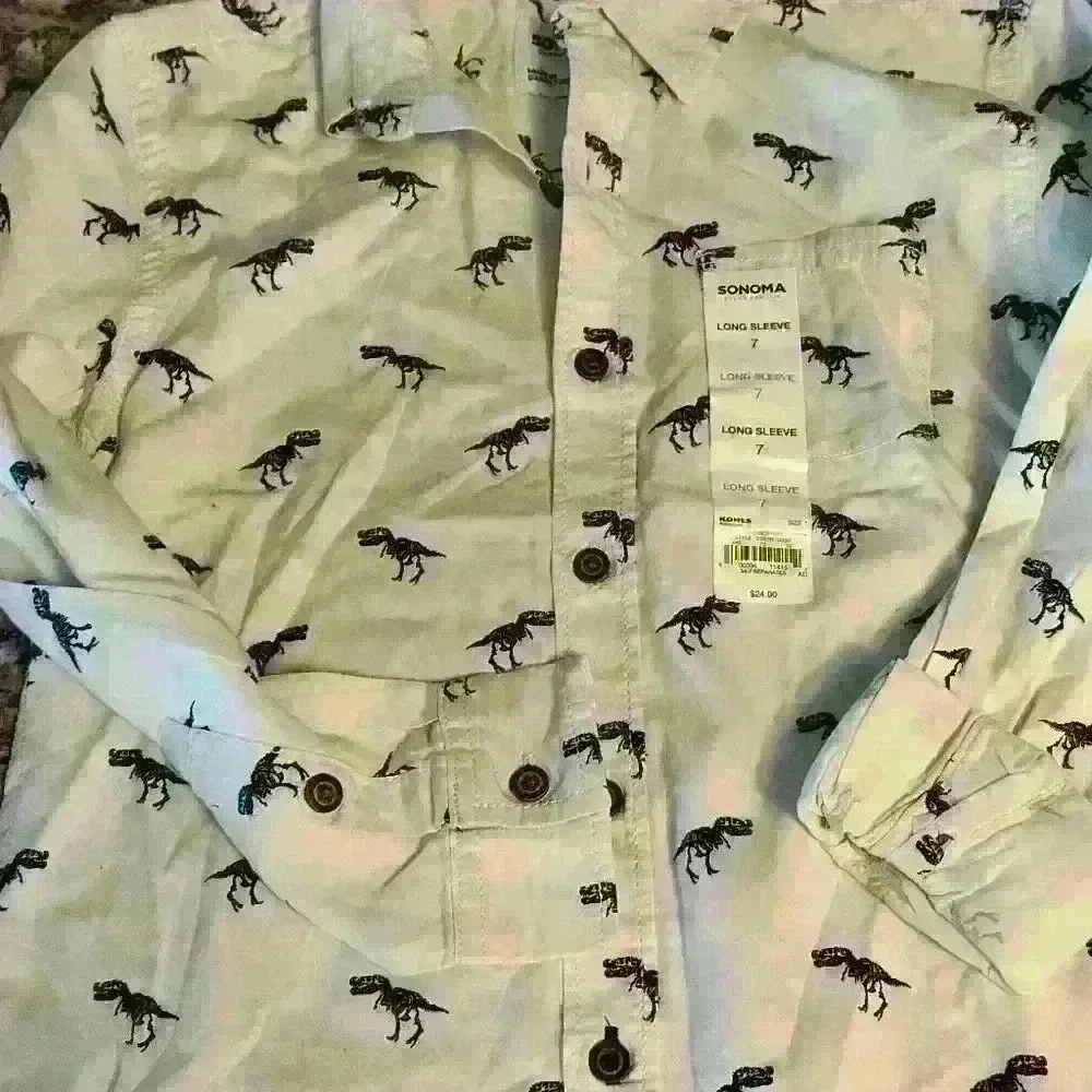 White And Blue Dinosaur Boys Button Up Long Sleeve Polo Style Shirt Sonoma Size